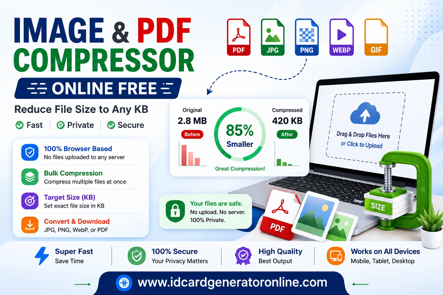 PDF and image compressor showing three compression levels with the compressed file size displayed for each file before download