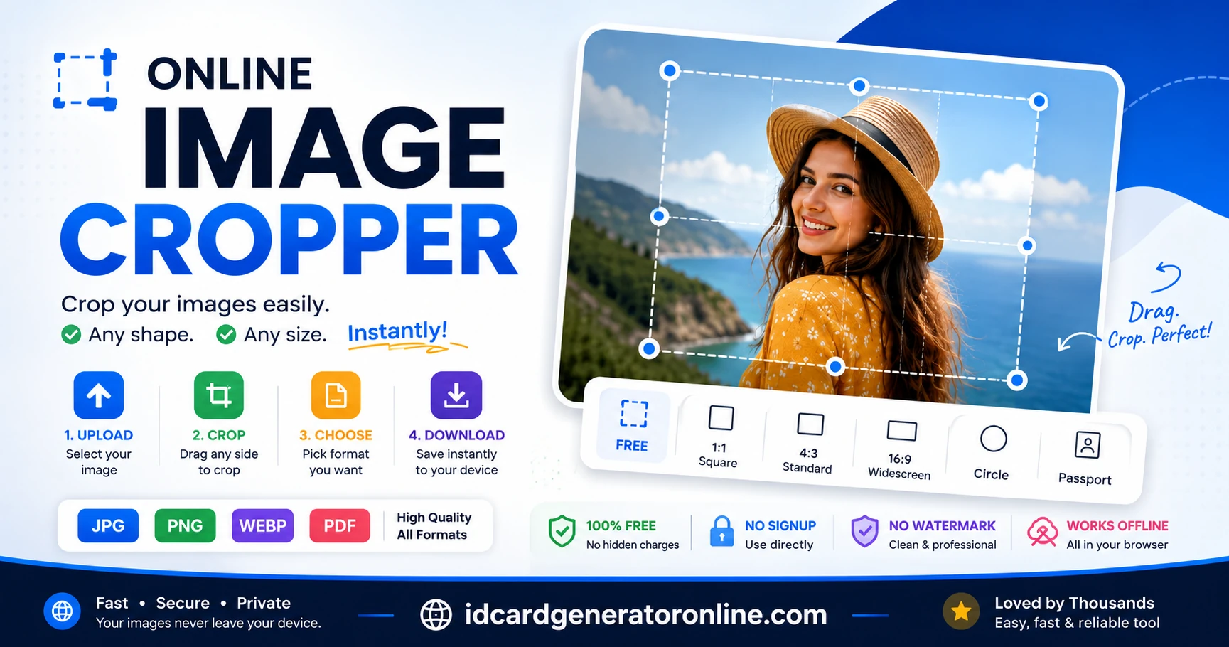 Online image cropper interface showing a photo with drag handles on all four sides and a live file size readout